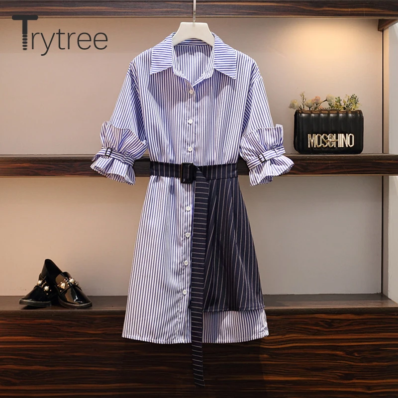 Trytree летний женский полосатый комплект из двух предметов Повседневный с рукавом-бабочкой прямая Длинная Блузка+ юбка комплект из 2 предметов мини-костюм с поясом