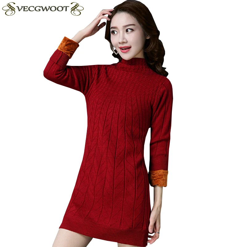 Autumn Winter New Half high collar Plus velvet Warm Sweater Women Long Knitted Pullover Large size LJ030 | Женская одежда