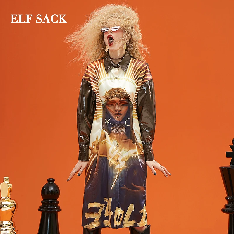 ELFSACK, Новое Стильное платье, женское Повседневное платье с отложным воротником длиной до колена, женское прямое платье, женское платье