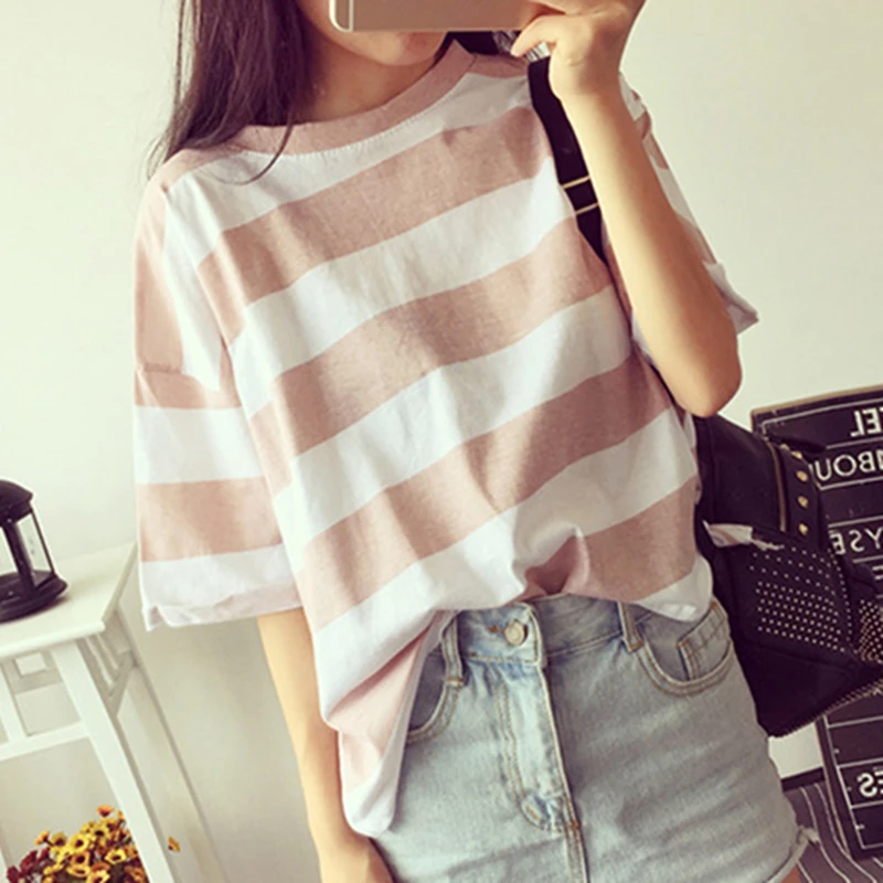 

CUHAKCI Women tShirts Short Sleeve Summer Cotton T Shirt Print Tops T-Shirt Female Loose Round Neck Casual Shirt Striped Tees