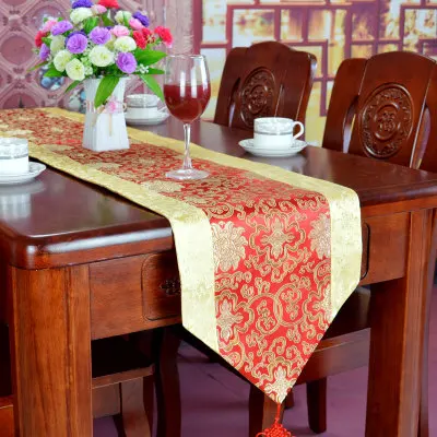 red with yellow Лоскутная жаккардовая китайская узелковая скатерть в виде узкой полосы шелковая парча кофейная скатерть прямоугольный, обеденный подкладка для кофейного столика - Цвет: red with yellow