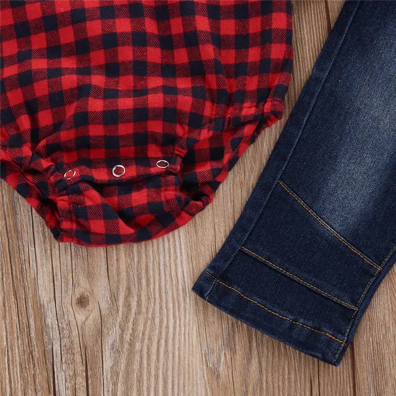 Kids Baby Boy Clothes Set Newborn Gentleman Outfit 2pcs Toddler Long Sleeve Plaid Bodysuit+Jeans Infant Formal Wedding Suits