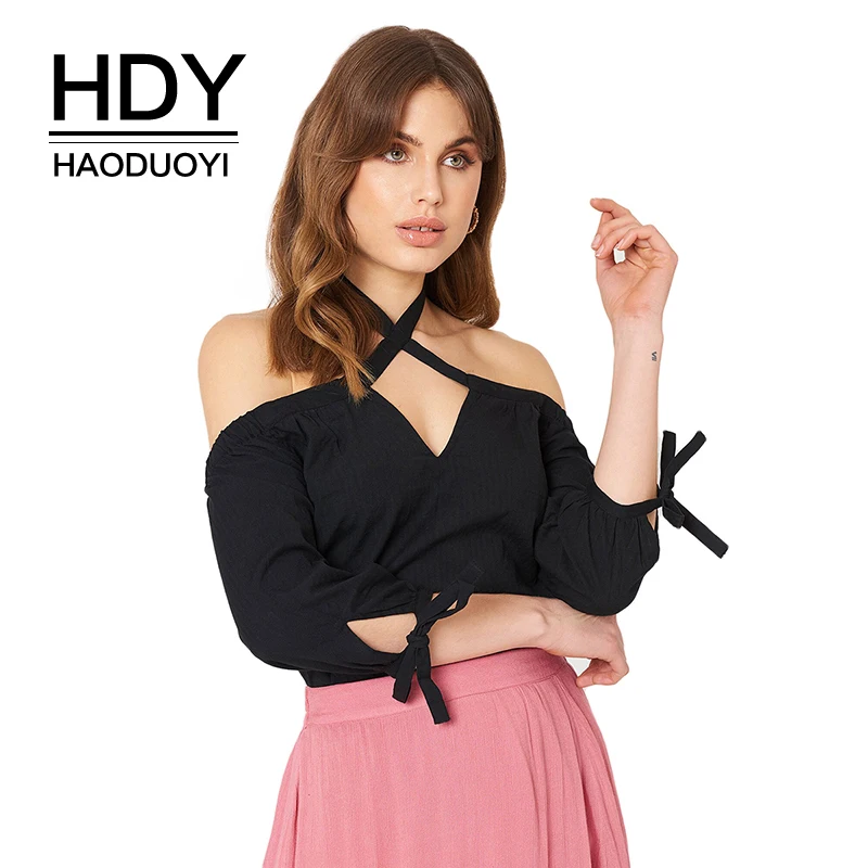 HDY Haoduoyi Женская однотонная черная Сексуальная Блузка с открытыми плечами и