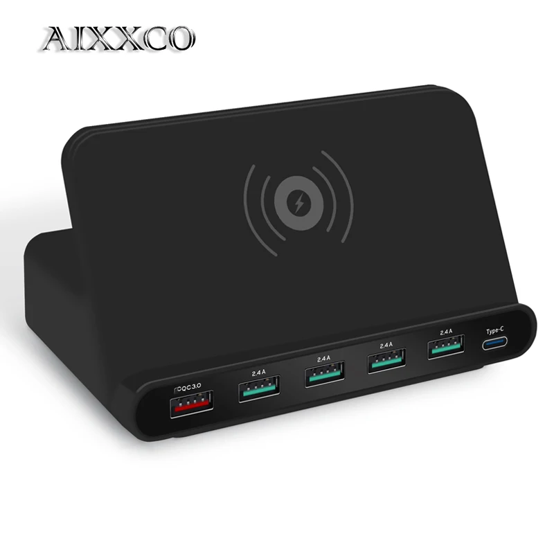 

AIXXCO 2 in 1 Quick charge 3.0 usb charger with wireless charger station for iPhone 7 8 Mobile Phone Fast charger charging 5W QI