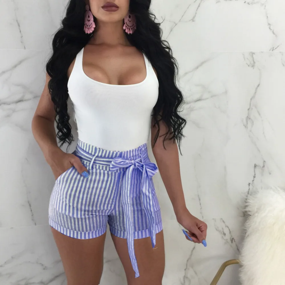 

Женские повседневные шорты в полоску, обтягивающие короткие брюки на завязках с высокой талией, Новое поступление 2018