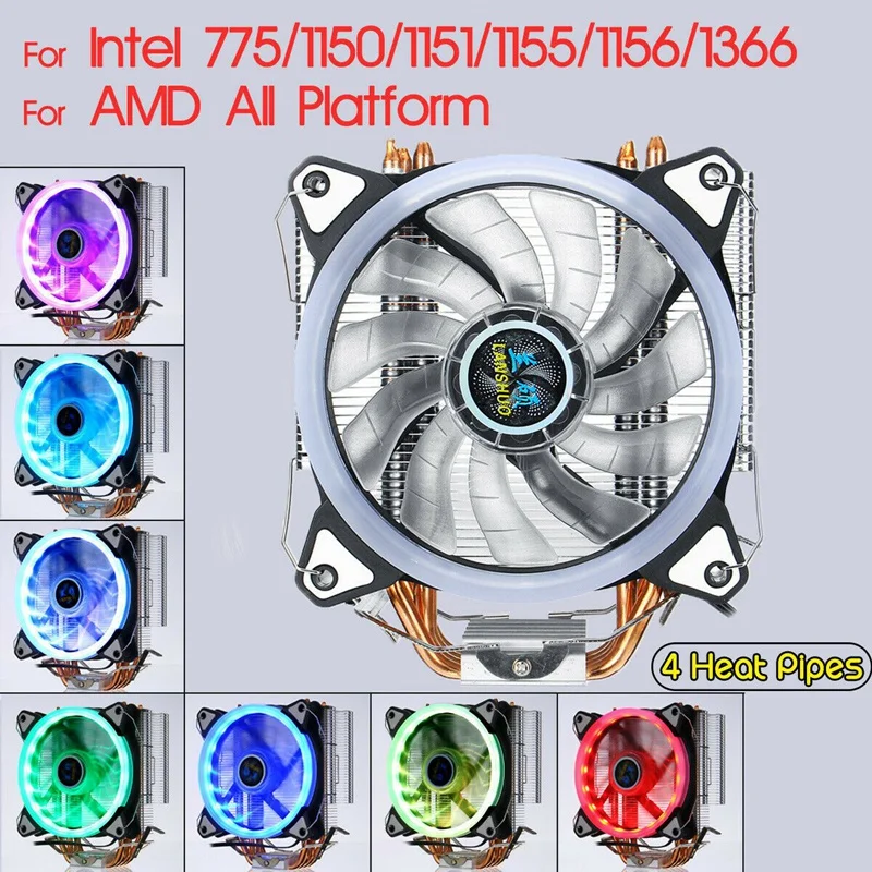 Кулер для процессора 4 тепловых трубки 3Pin 120 мм Led Rgb вентилятор бесшумный Lga