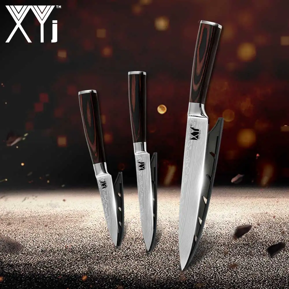 3-piece XYj набор кухонных ножей, лезвия из нержавеющей стали, Дамасские лазерные наборы шеф-ножей для нарезки сантоку, кухонные инструменты для приготовления пищи - Цвет: 3-piece