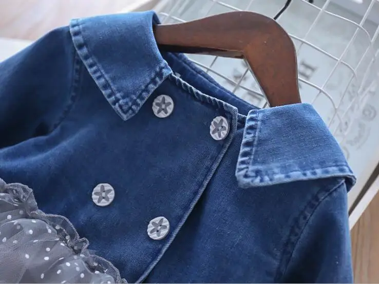 New 2019 Children Girls Jean Mesh Dot Cake Spring Dresses Princess Fashion Cowboy Long Sleeve Dress 5 pcs/lot Free Shipping | Детская