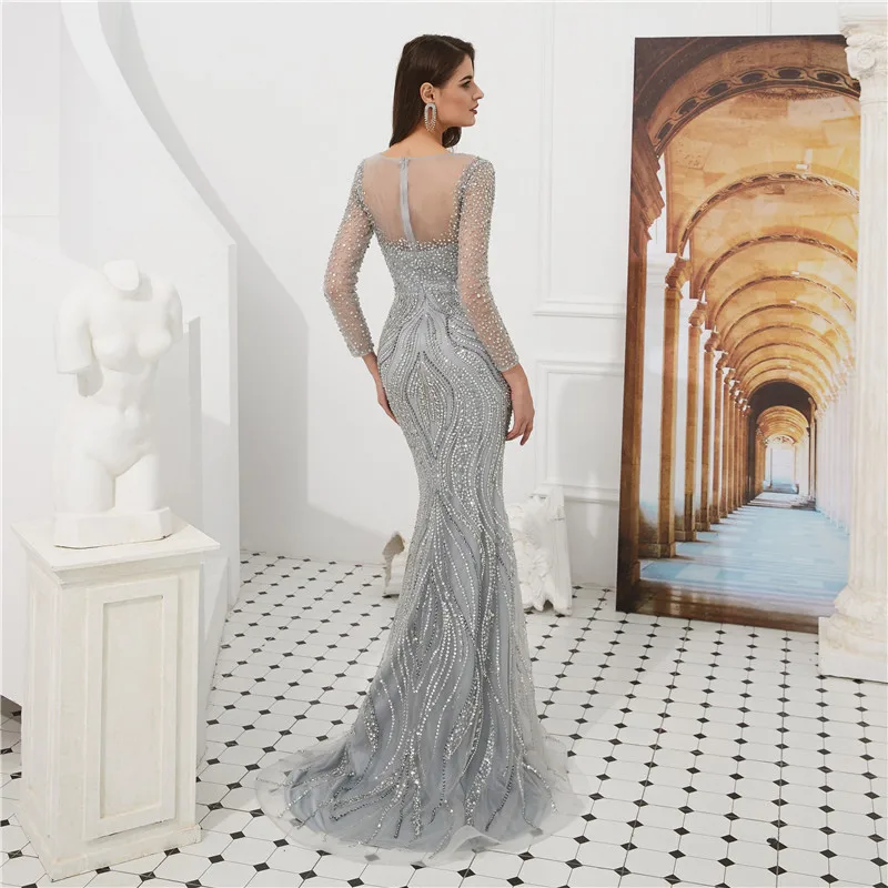 Женское вечернее платье-русалка блестящее серебристое платье с длинным рукавом