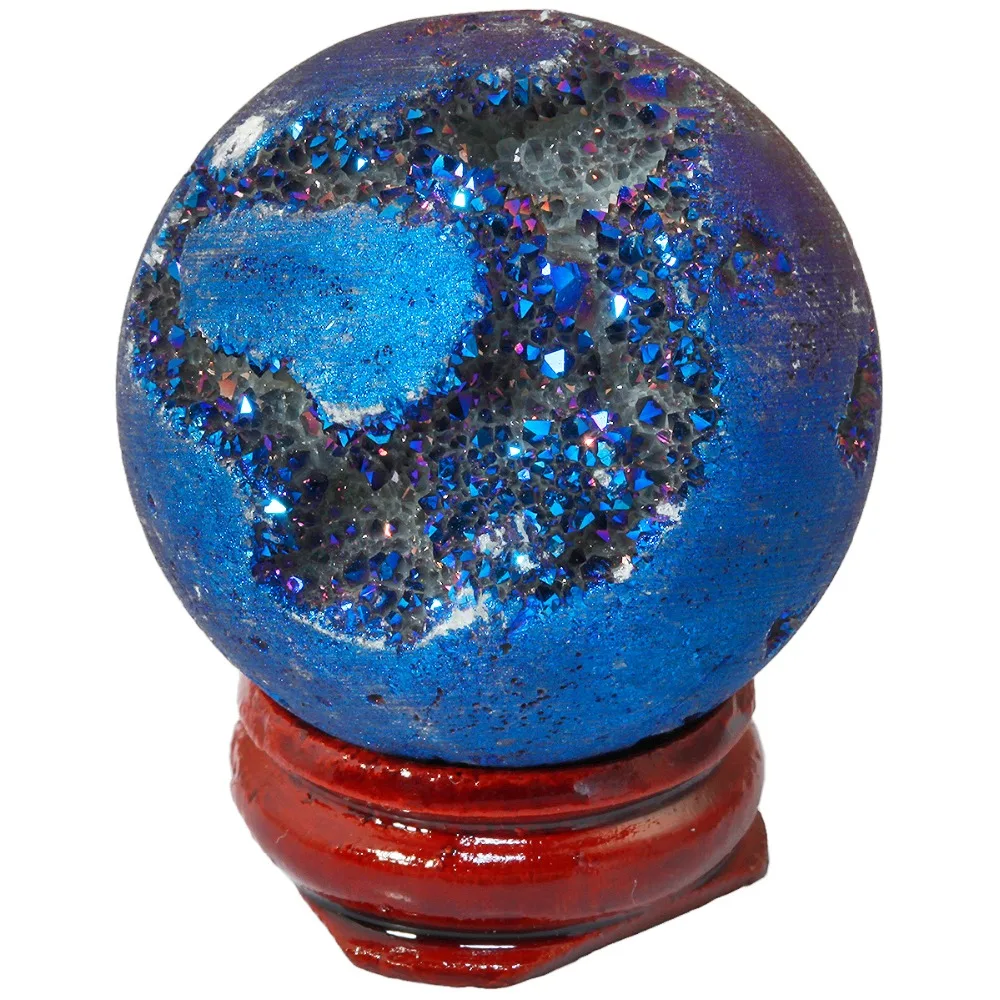 

TUMBEELLUWA Blue Titanium Coated Druzy Agate Geode Sphere Ball Divination Reiki Healing Figurine With Wood Stand