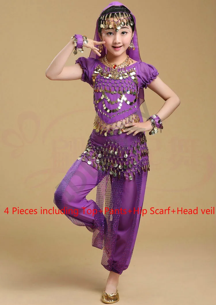 Purple 4pcs Дети ребенок Восточный набор костюма для танца живота Восточные Танцевальные Костюмы Танец живота танцевальная одежда Индийский Болливуд девушка для взрослых - Цвет: Purple 4pcs