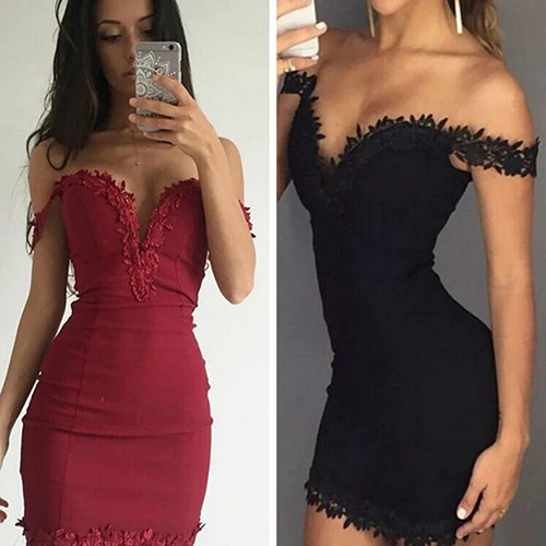 New Arrival Women Summer Sexy Deep V Neck Off Shoulder Lace Trim Bodycon Evening Party Dress | Женская одежда