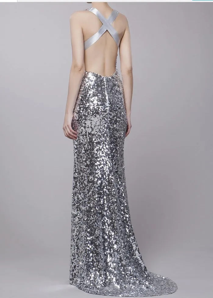 Черный серебристый красное золото вечерние платья русалка блесток невесты V шеи