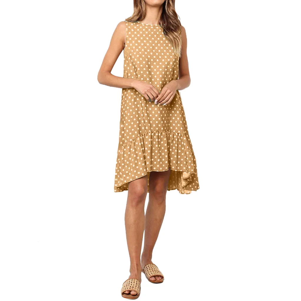 SAGACE Women Dresses Dot 2019 Fashion O Neck Sleeveless Ruffles Polka Loose Large Ruffled Mini Dress female Vestidos | Женская одежда