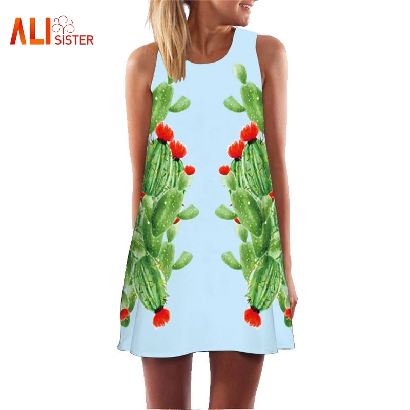 Женское летнее платье трапециевидной формы Пляжное Платье с 3D принтом кактуса