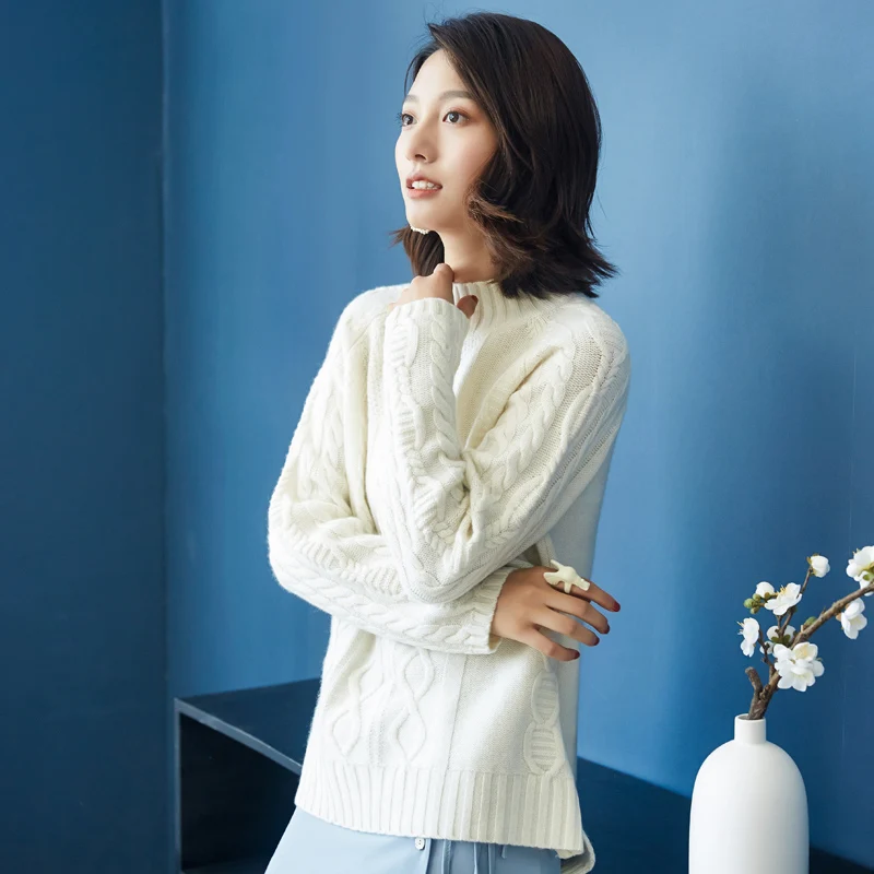 Cashmere Sweater White Female Mock Neck Coarse Knitting Long Sleeve Pullover Blue Thick Wool Turtlneck Women's Jumper Irregular | Женская