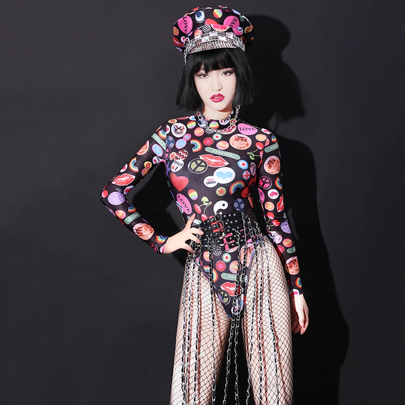 

Jazz Dance Costumes Nightclub Dj Fashion Print Bodysuit Stage Clothes For Singers Women Pole Dancing Clothes Rave Wear DT980