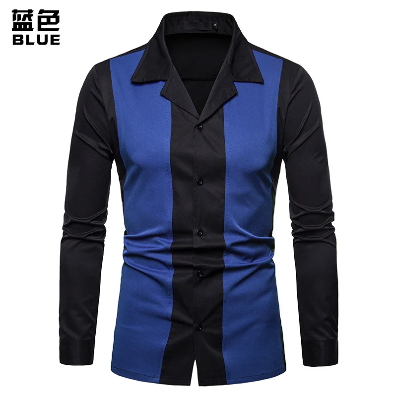 1 Blue Shirt Высококачественная Мужская рубашка,, Корейская, контрастная, цветная, с длинным рукавом, повседневная, гавайская, хип-хоп, уличная, мужская одежда - Цвет: 1 Blue Shirt