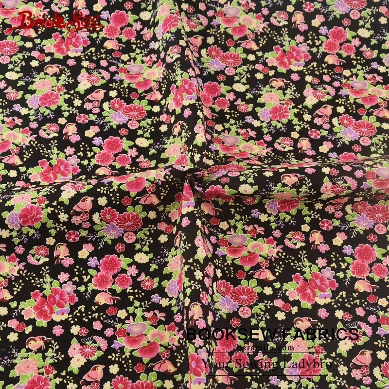 Booksew 100% хлопок поплин Ткань мягкие Вышивание черный Жир Квартал цветок и птица