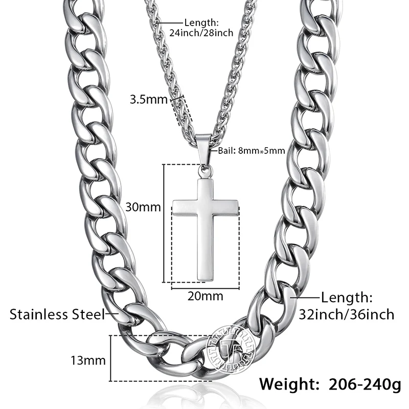Davieslee Necklace For Men Silver Stainless Steel Cuban Wheat Link Chain Cross Pendant 2018 Jewelry 13mm 24inch LDN01 | Украшения и