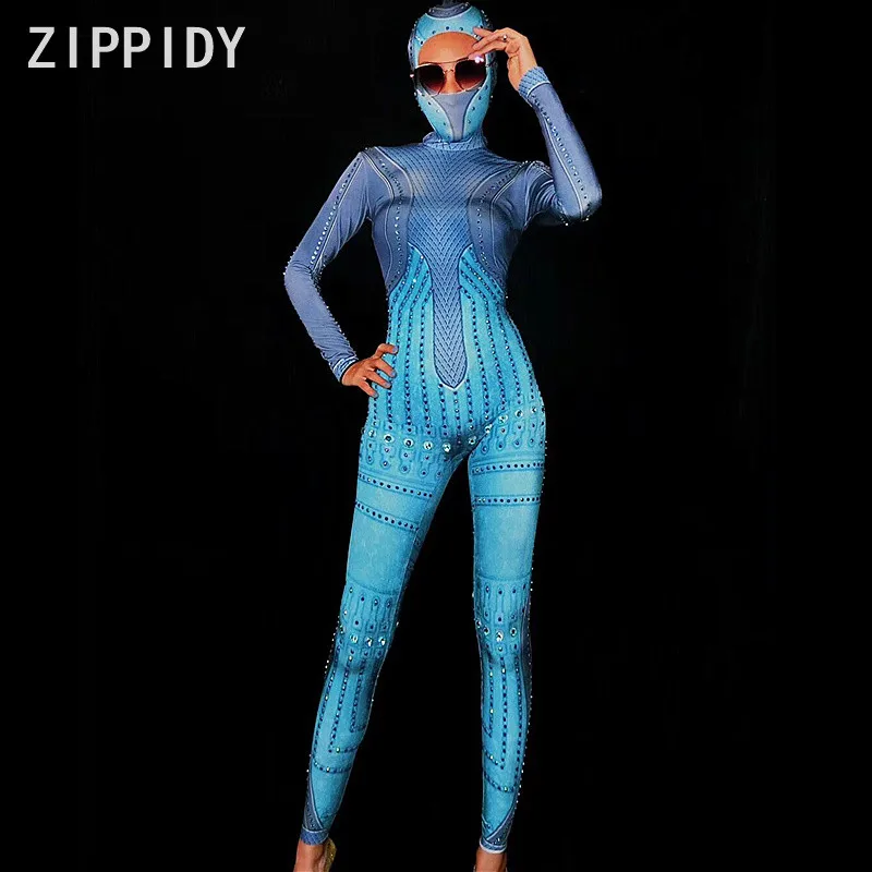 Fashion Sparkly Blue Crystals Stretch Jumpsuit Women's Dance Party Show Bodysuit Rhinestones Outfit Nightclub DJ Clothes