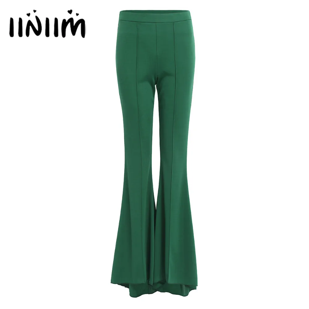

iiniim Fashion Women Spring Summer Party Mid Waist Slim Fit Solid Stretchy Bell Bottom Flare Trousers Wide Leg Palazzo Pants