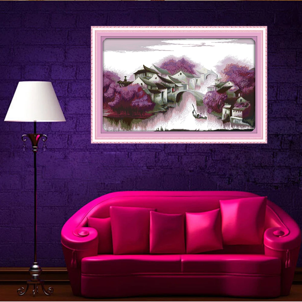Joy Sunday Beautiful View of Jiangnan Handcraft F318 14CT 11CT Counted and Stamped Home Decor Purple Dream Cross Stitch kits | Дом и сад