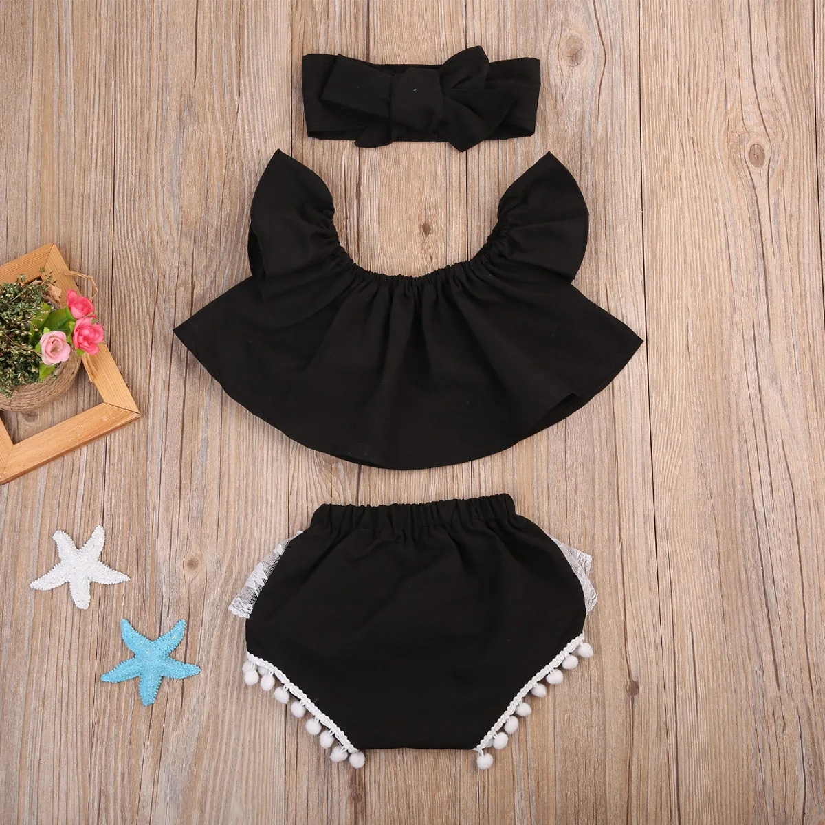 

3PCS Baby Kids Girl Ruffle Off Shoulder Top Tank+e shorts +Headband Outfit Sunsuit Clothes Set