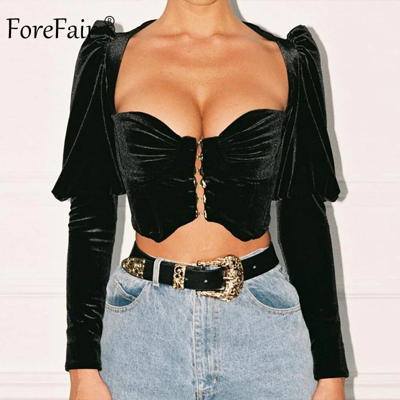 Forefair сексуальный фланелевый укороченный топ с квадратным вырезом и длинным рукавом Осенний клубный корсет Топы бархатные элегантные черные блузки с пышными рукавами для женщин