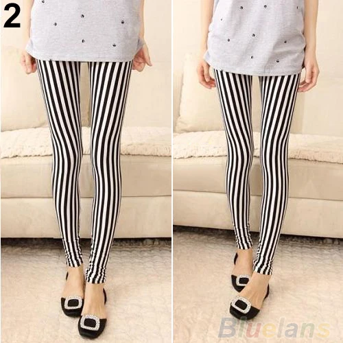 Pinstripes Black Whi Горячая Мода женские черные белые вертикальные полосы леггинсы брюки 0KDK 7F71 - Цвет: Pinstripes Black Whi