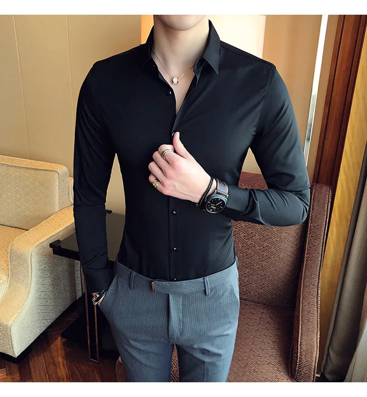 Повседневная рубашка Slim Fit Мужские рубашки бизнес Camisa Masculina с длинным рукавом сплошной цвет черный белый Высокое качество