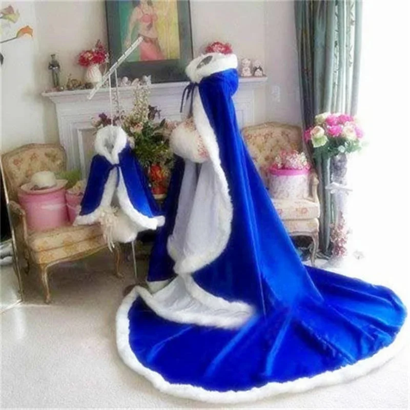 Royal blue Длинные теплые накидки цвета слоновой кости подвенечное зимнее свадебное пальто шаль сатин+ искусственный мех накидка шаль для взрослого женское пончо - Цвет: Royal blue