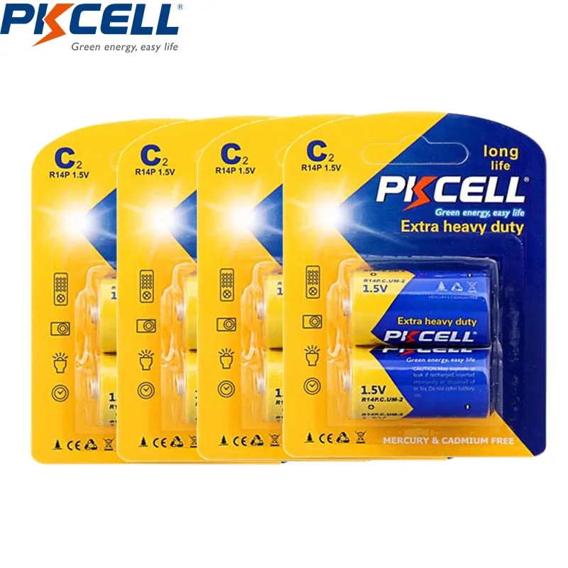 8 шт./4 карты PKCELL 1,5 V угольно-Цинковый элемент R14, UM2, MN1400 музыкальная шкатулка для плюшевых игрушек, игры, радио, R14P UM2 Batteria C батареи