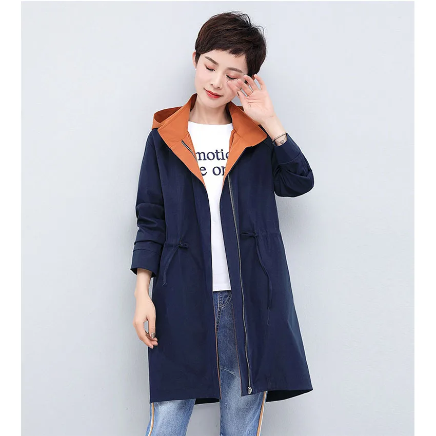 

New 2019 spring autumn thin causal trench coat women hooded drawstring slim waist jacket plus size M - XXXXL