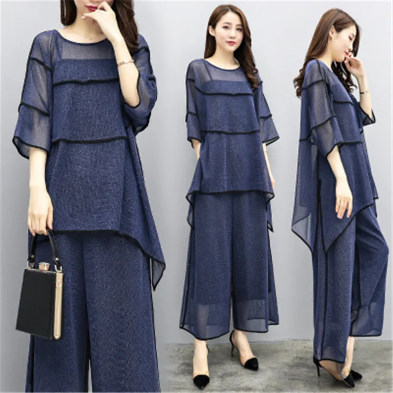 

2021 Summer Fashion Korean Version Plus Size Women's Tracksuits Leg Pants T-shirt Two Piece Set Spring High Waist Women's Suit