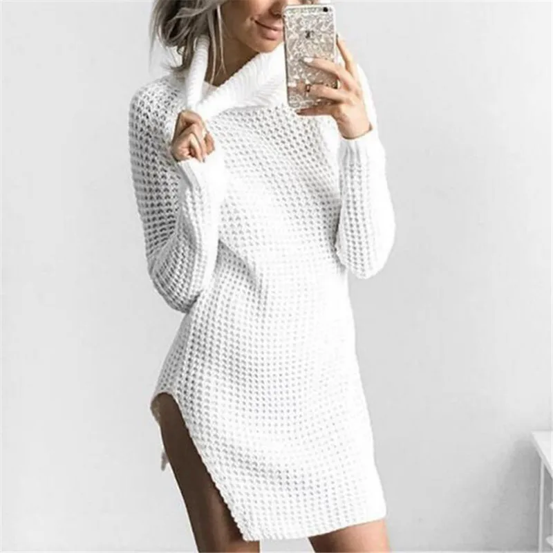 Fashion Turtleneck Sweater for Women Sexy Solid Split Knitting Casual Long Sleeve Dresses WLD136 | Женская одежда