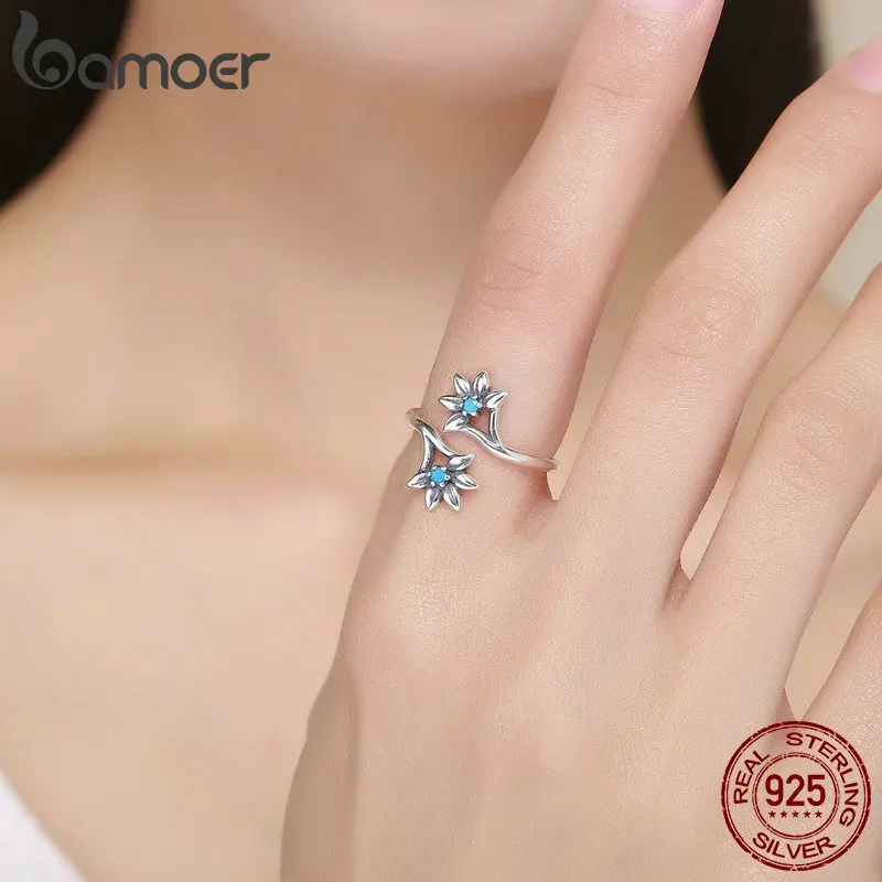 BAMOER, 925 пробы, серебряное, популярное, ромашка, цветок, голубой CZ, Женское кольцо, вечерние, для помолвки, ювелирное изделие, подарок, регулируемый размер SCR249