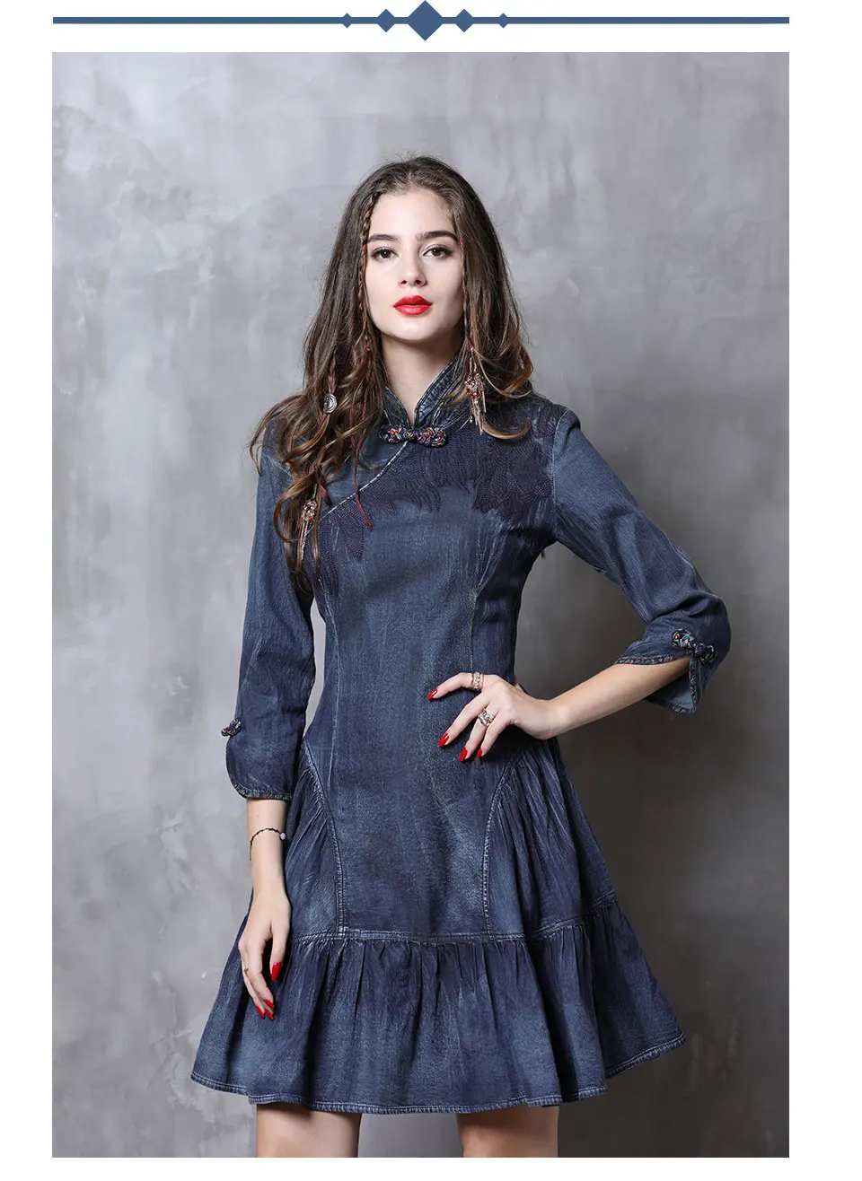 Женское платье Yuzi. may Boho новые осенние джинсовые женские платья а-силуэта элегантные винтажные платья с воротником-стойкой A82111 Vestido