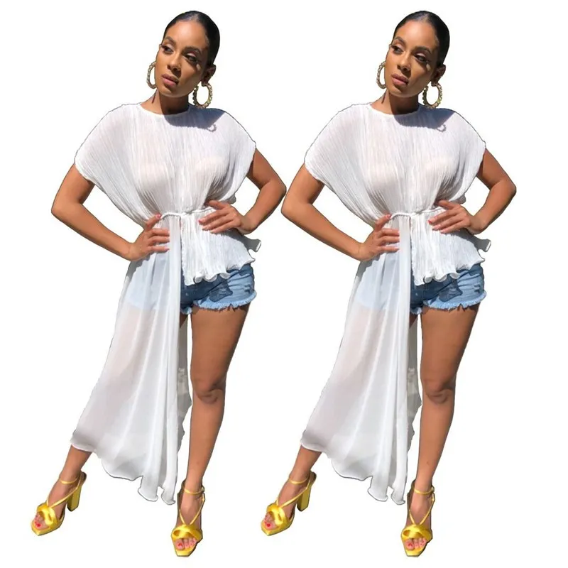 Женская Сексуальная футболка с асимметричным подолом круглым вырезом рукавом