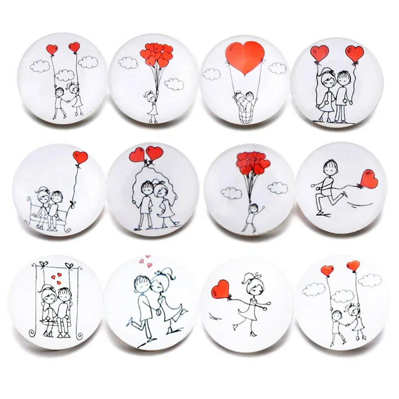 

10pcs/lot New Glass Snap Jewelry Mixed Lovers Heart Pattern 18mm Glass Snap Buttons For DIY Snap Bracelet Valentine's Day