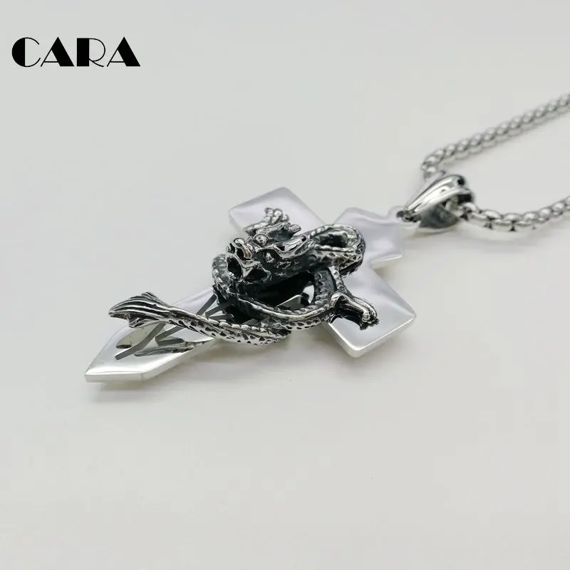 2019 New high polished 316L Stainless steel 3D dragon Cross pendant necklace mens charm fashion CARA0303 | Украшения и аксессуары