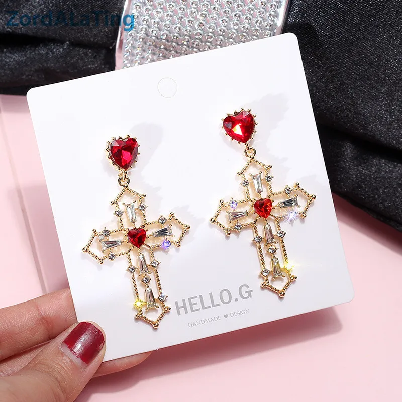 S925 серебряные иглы барокко крест красный любящее сердце 2019 Новая мода горный