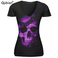 t shirt women summer short sleeve v neck elastic tees tops purple skull printed casual short sleeve women cloths