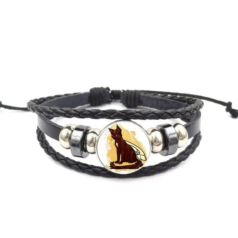 Изящное стекло EJ Glaze Cat Sidhe для подарка на День Валентина - Модный черный кожаный браслет-браслет Vintage.