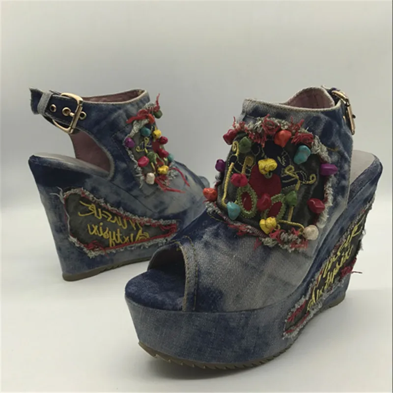 Женские дизайнерские туфли на танкетке Mabaiwan синие джинсовые сандалии с открытым