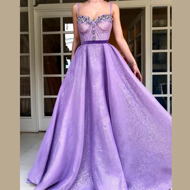 

Lavender Muslim Evening Dresses A-line Sweetheart Sequins Beaded Elegant Islamic Dubai Saudi Arabic Long Evening Gown Prom