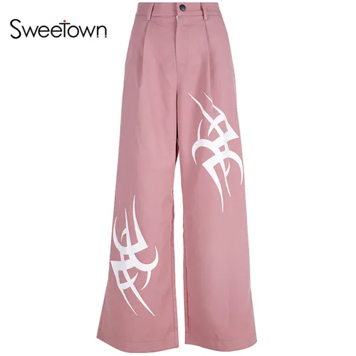pink Sweetown размера плюс Бохо розовые Палаццо широкие брюки женские весна лето повседневные Длинные свободные Брюки расклешенные брюки уличная одежда - Цвет: pink