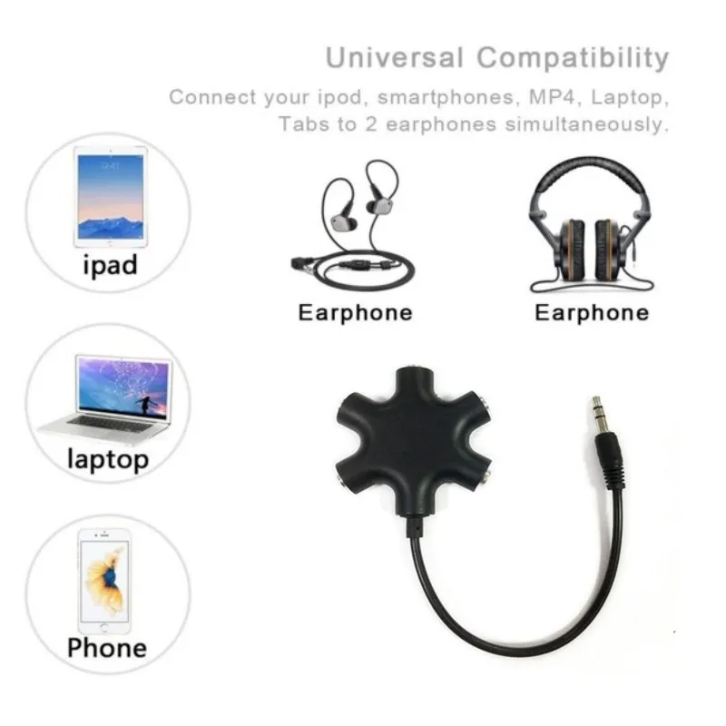 Multi Headphone Splitter 1 Male to 5 Port Female Earphone Headset Adapter Compatible with Smartphones Tablet MP3 |