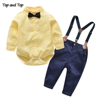 top and top autumn kids boys clothes set baby boy gentleman outfit long sleeve romper shirt with bow tie suspenders trousers