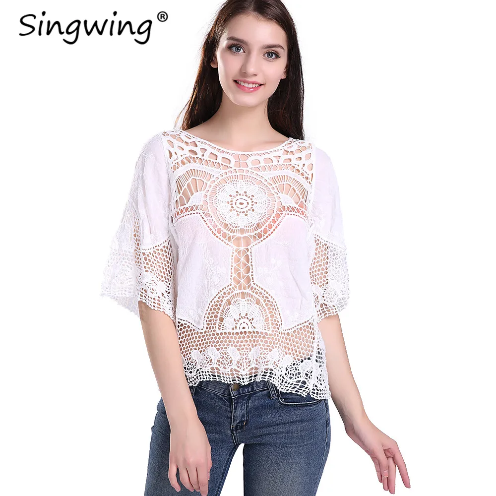 Однотонная кружевная повседневная женская блузка рубашки ажурные половинчатые
